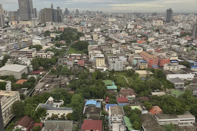 Bangkok skyline and river corridors seen from above