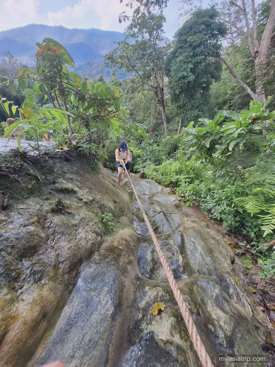 Travelers climbing the pale limestone surface at Bua Tong Sticky Waterfall near Chiang Mai