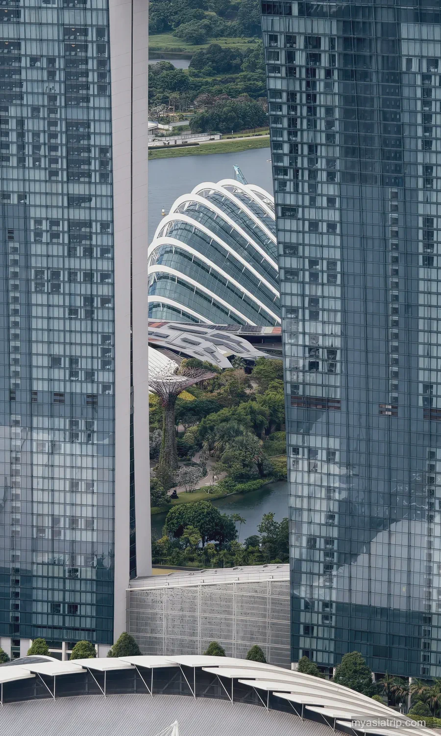 A Gardens by the Bay conservatory framed by the Marina Bay Sands towers