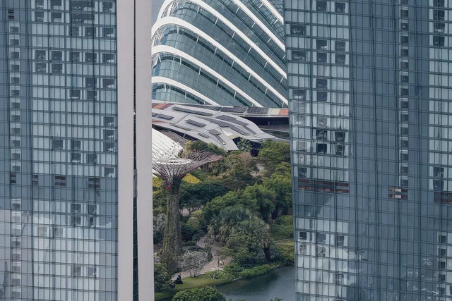 Gardens by the Bay conservatories and waterfront seen from above